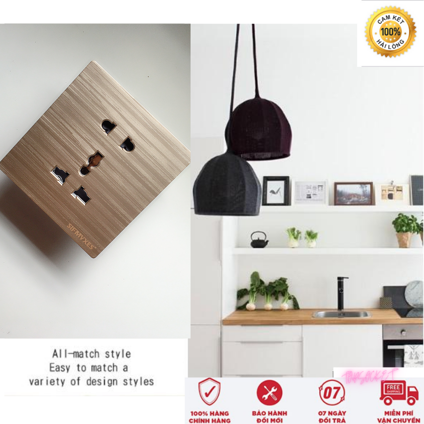ổ cắm 5 lỗ đa năng mặt vuông vàng sước chuẩn Châu Âu