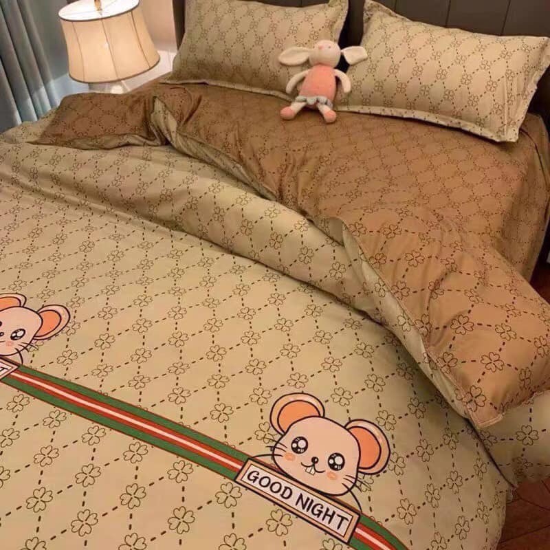 Set 3 món ga gối cotton poly mẫu chuột nâu