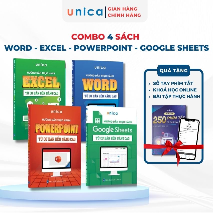 Combo 4 Sách Word - Excel - Powerpoint - Google Sheets Unica Từ Cơ Bản Đến Nâng Cao Kèm Khoá Học Online
