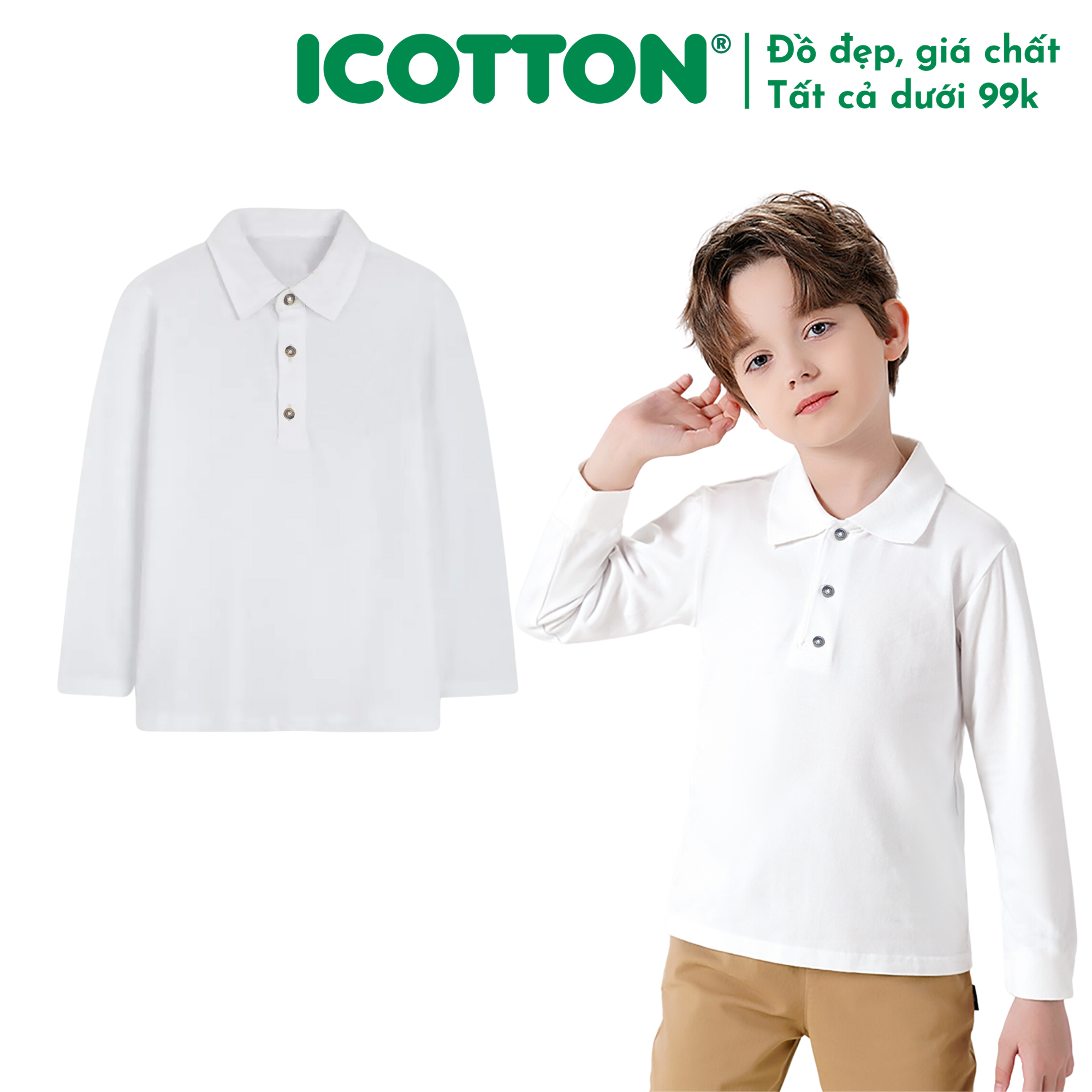 Áo thun bé trai Icotton cổ đức cài khuy thun 4 chiều BT136
