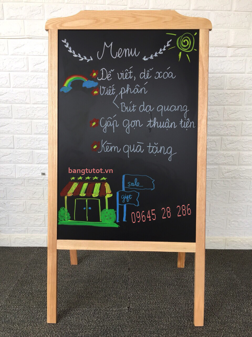 Bảng menu hai mặt mái nhà 60*120cm Tặng bông lau hộp phấn bút huỳnh quang