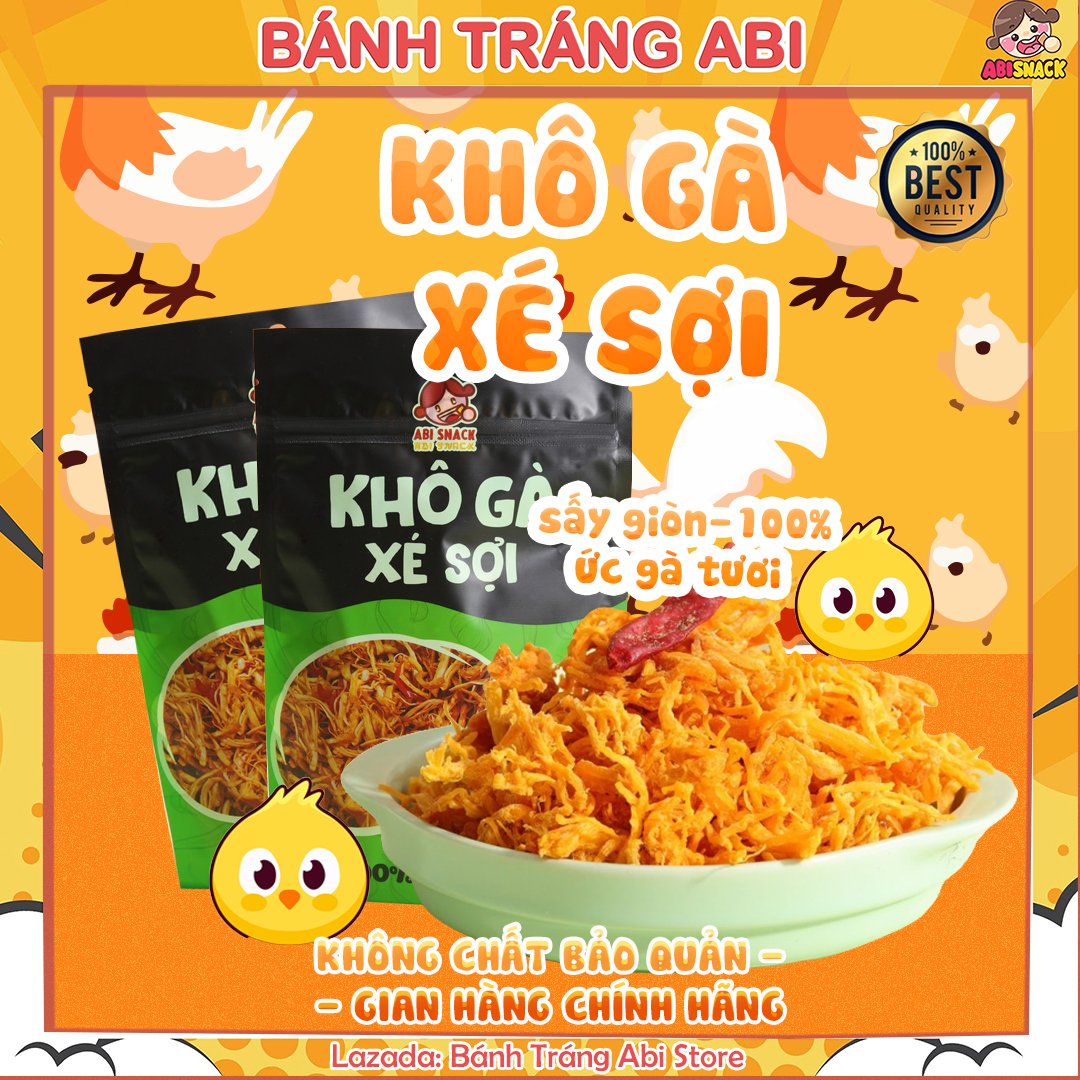 Khô Gà Sấy Xé Sợi Ngon Giòn gói 100g-Ăn Vặt Abi Snack Mua 2 bịch tặng khẩu trang