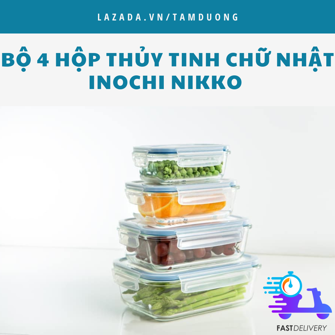 Set 3-4 hộp thủy tinh chữ nhật inochi (370ml-640ml-1040ml-1520ml) sử dụng an toàn trong lò vi sóng, lò nướng [HCM-Giao hoả tốc 2h]