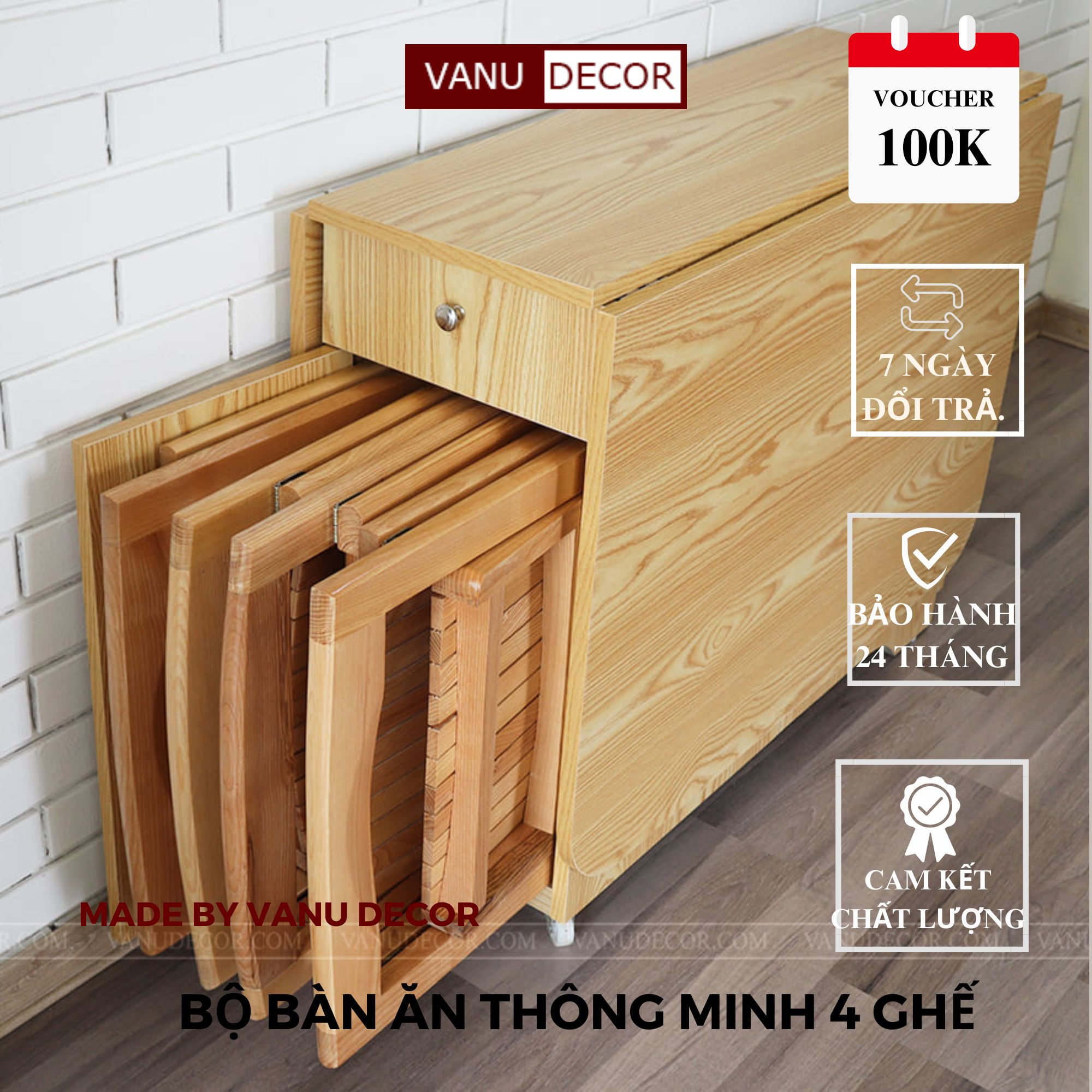 Bộ bàn ăn thông minh gấp gọn VANUDECOR có bánh xe di chuyển (kèm 4 ghế)