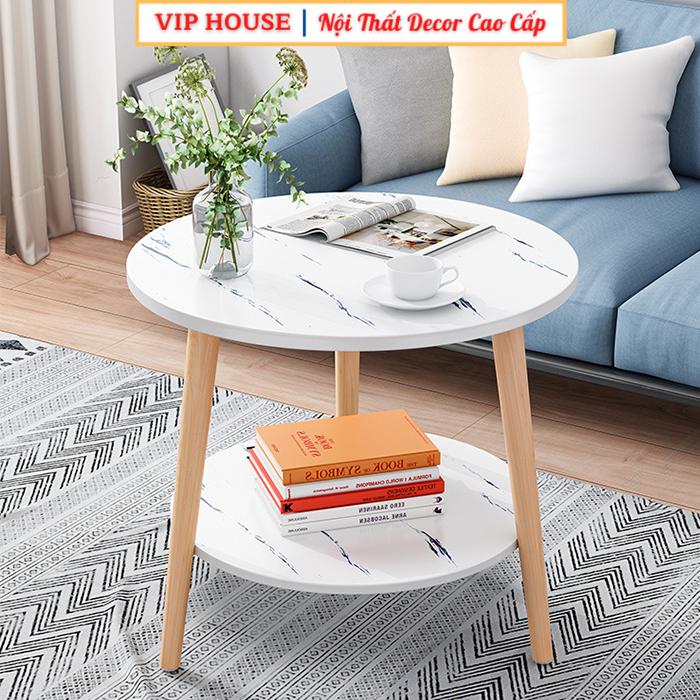 Bàn Trà Sofa Gỗ Họa Tiết Đá Cẩm Thạch Hình Tròn 2 Tầng, Bàn Trà Phòng Khách Đẹp Bằng Gỗ Sang Trọng KT50x50cm BAT025