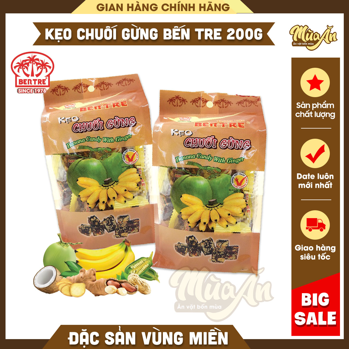 Combo kẹo chuối gừng đậu phộng 200g, Kẹo chuối gừng mềm dẻo Bến Tre