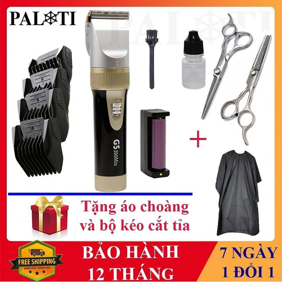 Tông đơ cắt tóc gia đình g5 pin 1500mah tặng bộ kéo cắt tỉa chuyên nghiệp + áo choàng chống nước tiện dụng