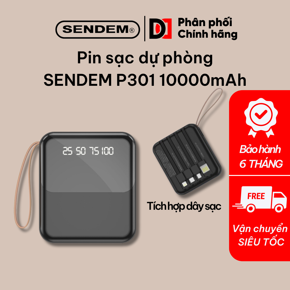  Pin sạc dự phòng SENDEM P301 | Tích hợp 3 đầu dây | hiển thị % pin | 10000mAh | PK DD Sài Gòn 