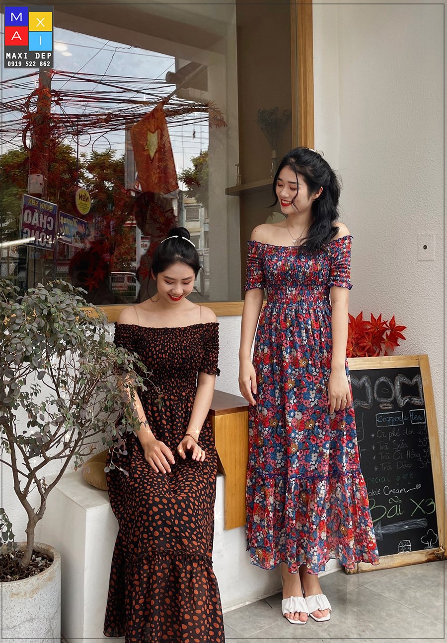 Đầm maxi hoa đa sắc và chấm bi cam nhã nhặn xinh xắn
