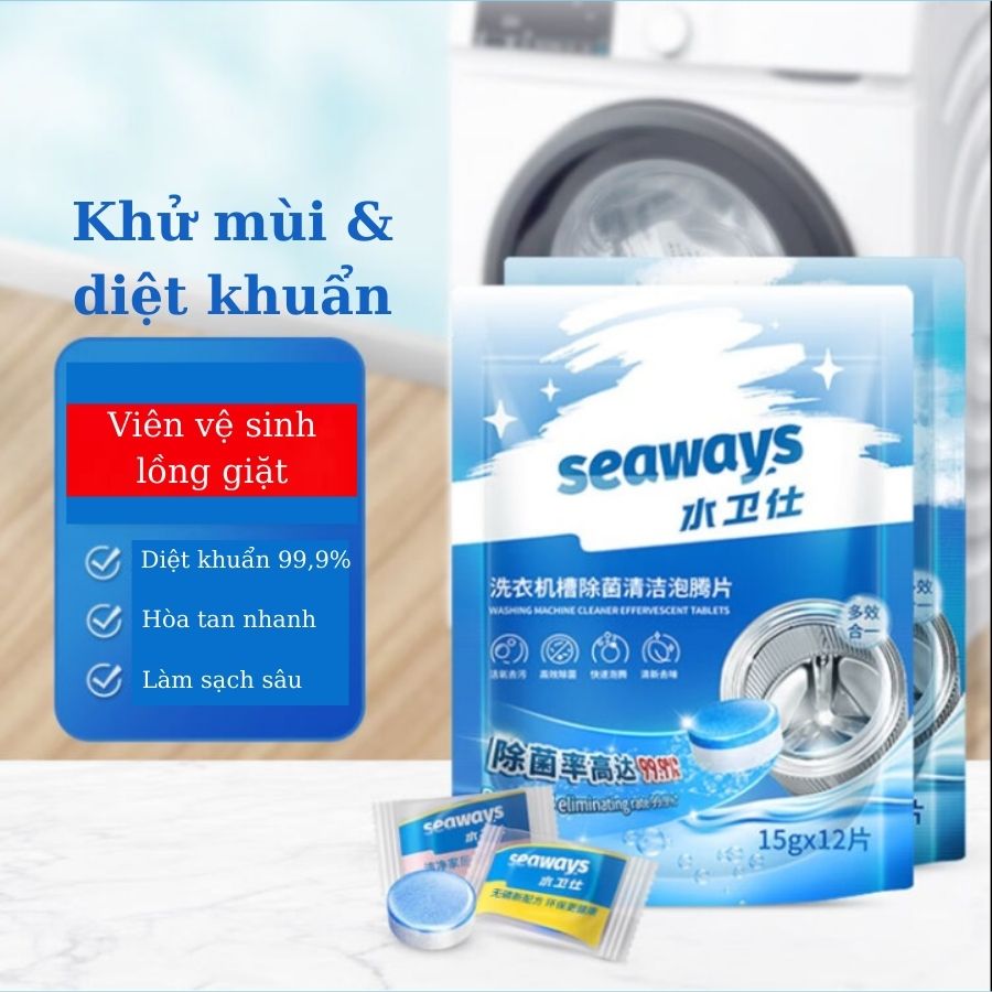 Viên nén làm sạch lồng máy giặt Seaways 12 viên 15gr