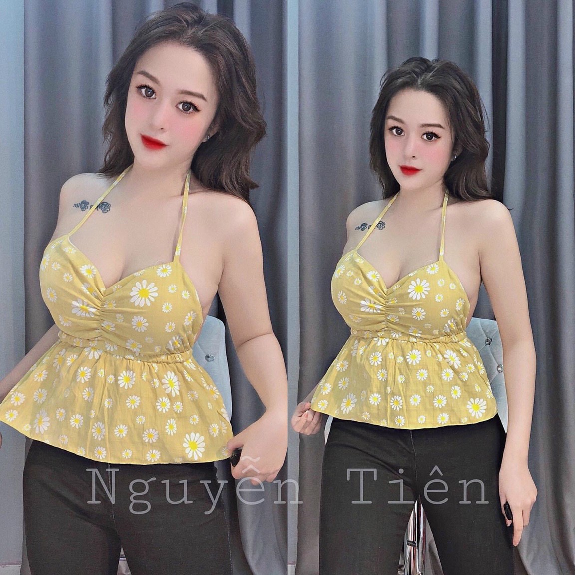 [HCM]Áo kiểu yếm hoa cúc cột dây hở lưng - UT26