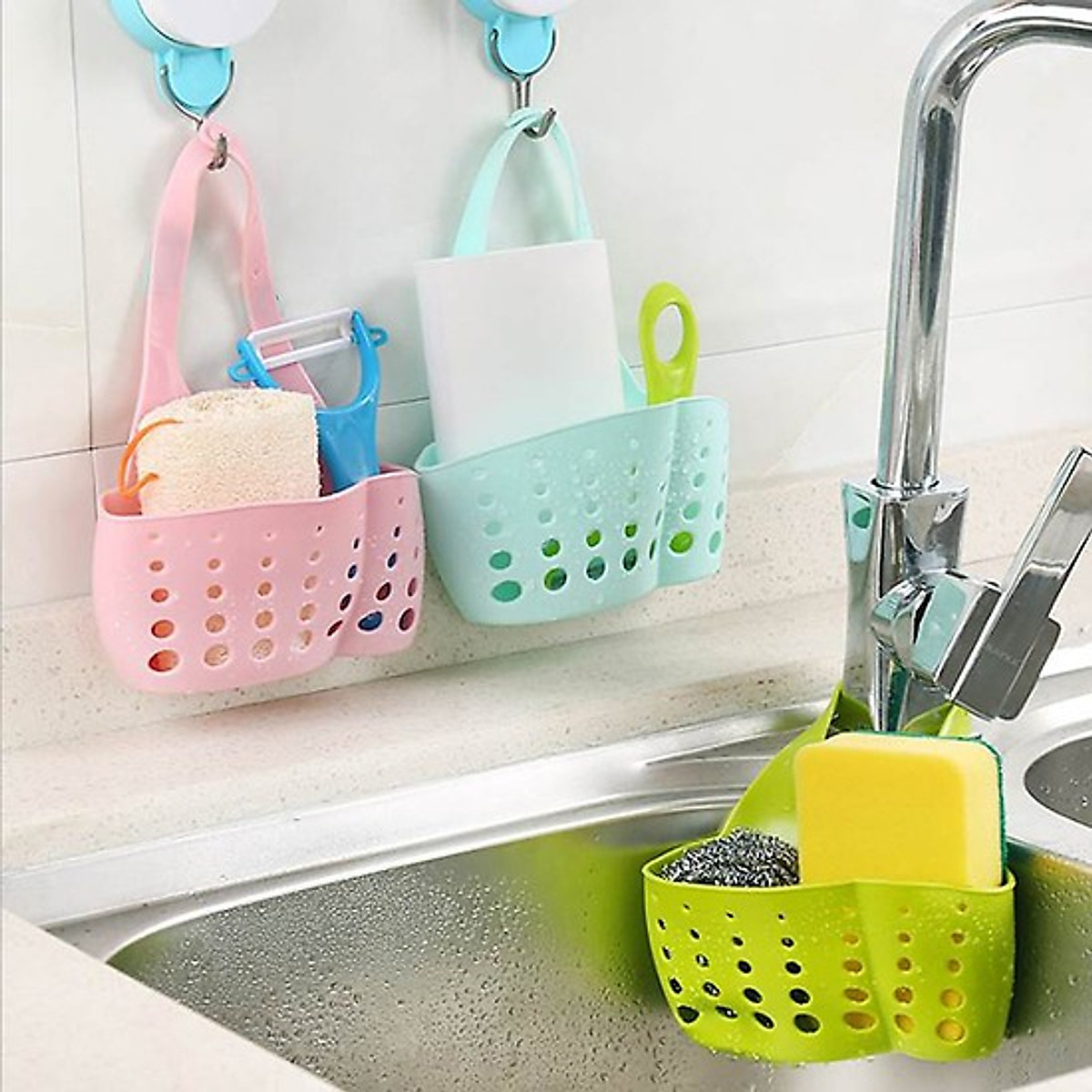 Giỏ Nhựa Dẻo Đựng Lưới Rửa Chén, Cọ Xoong, Xà Bông Treo Bồn Rửa Chén Bát, Nhà Tắm (Màu Ngẫu Nhiên)