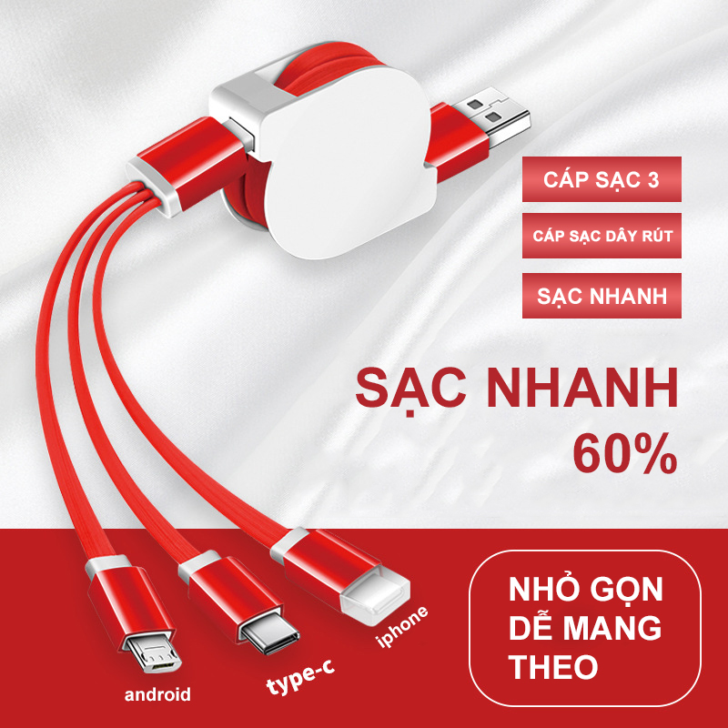 Cáp, sạc chính hãng 100% Cáp sạc dây rút đa năng 3 đầu dài 1m Chân sạc TYPE-C USB Micro USB 8PIN Dây rút tiện dụngsiêu bền-BẢO HÀNH UY TÍN 1 ĐỔI 1