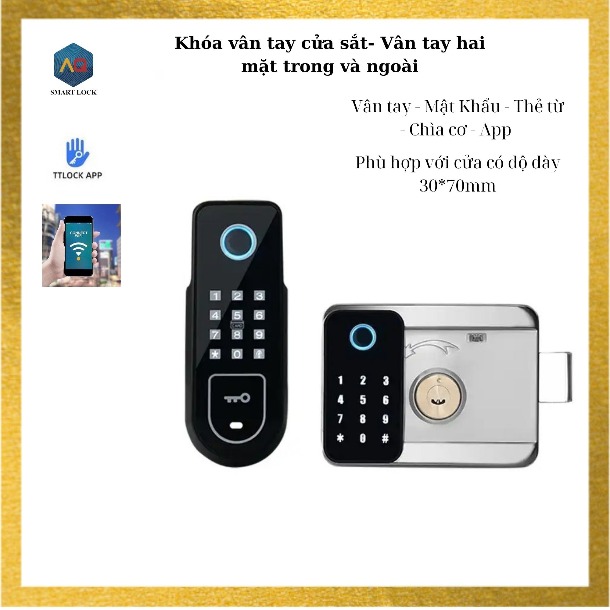 Khóa vây tay cửa sắt khóa vân tay hai mặt thông minh khóa cửa sắt vân tay kép với 5 chức năng mở cửa: Vân tay mật khẩu thẻ từ chìa cơ và app TT Lock phù hợp với cửa sắt, cửa inox, cửa cổng bảo hành 12 tháng
