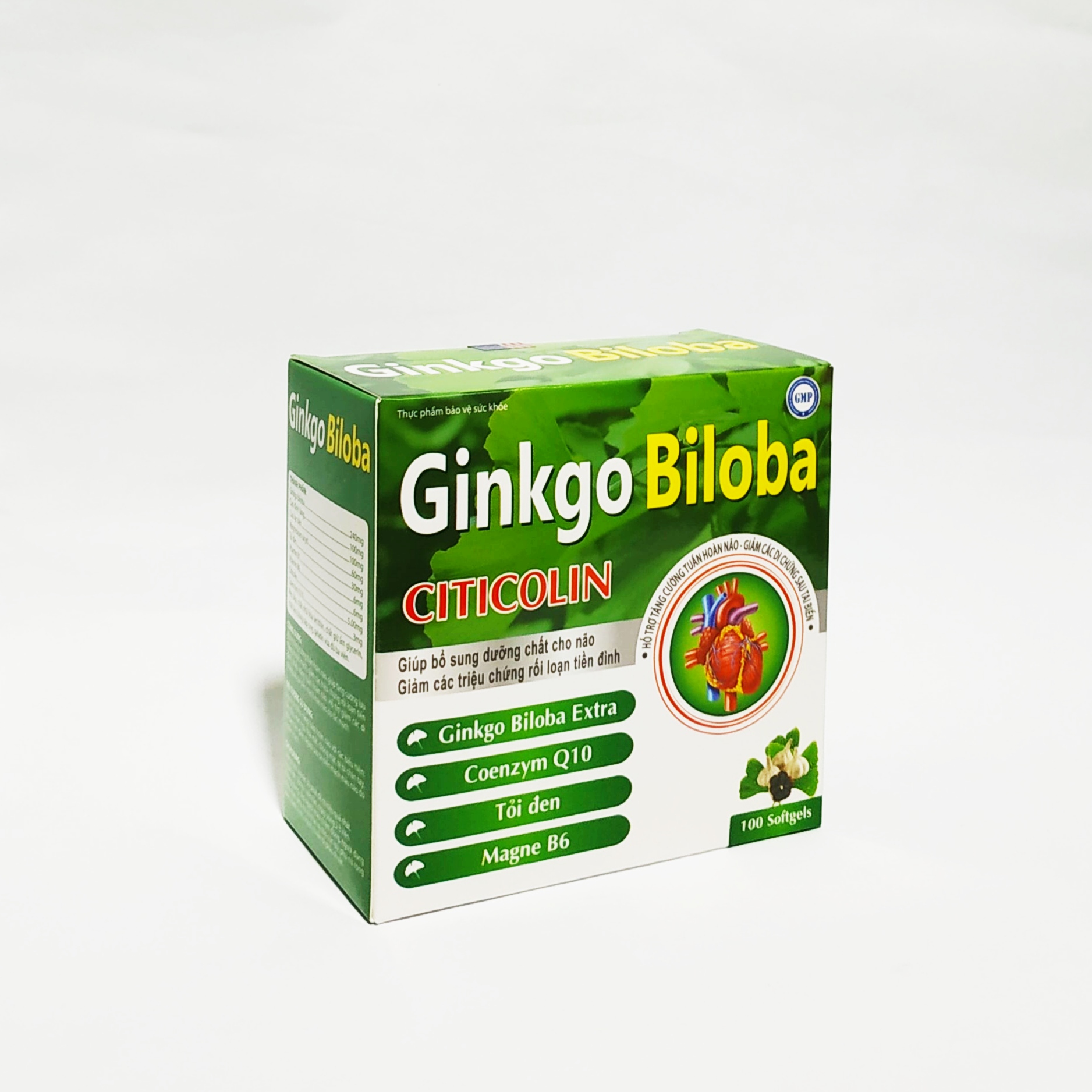 Hoạt Huyết Dưỡng Não Ginkgo Biloba Citicolin Coenzym Q10- Giúp Bổ Sung Dưỡng Chất Cho Não - Tăng Cường Tuần Hoàn Máu Não - Hộp 100 Viên