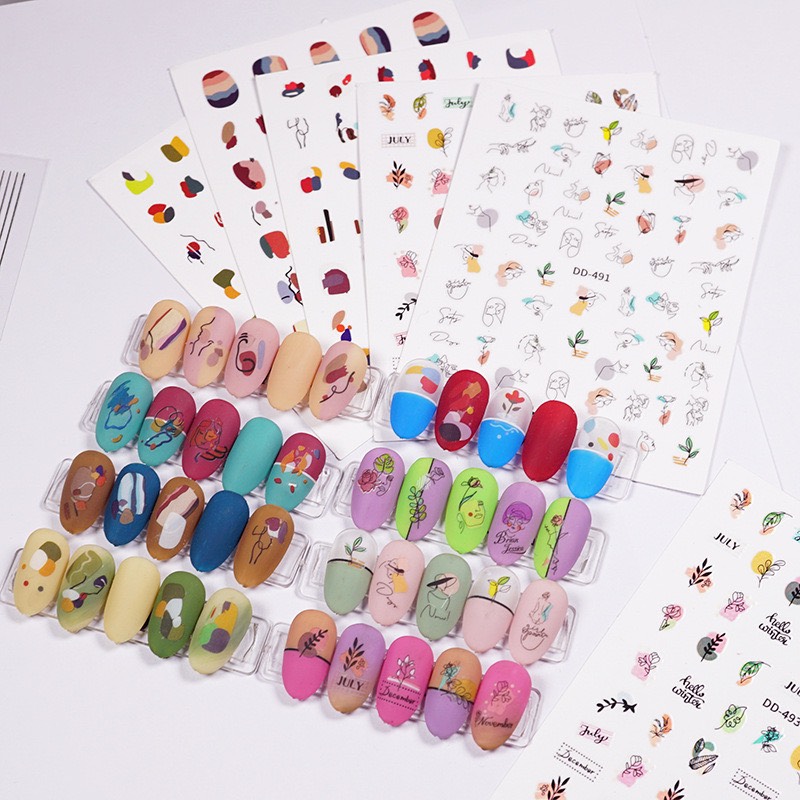 Sticker 3D dán nail hoạ tiết trừu tượng, hình dán móng tay trừu tượng dễ phối màu
