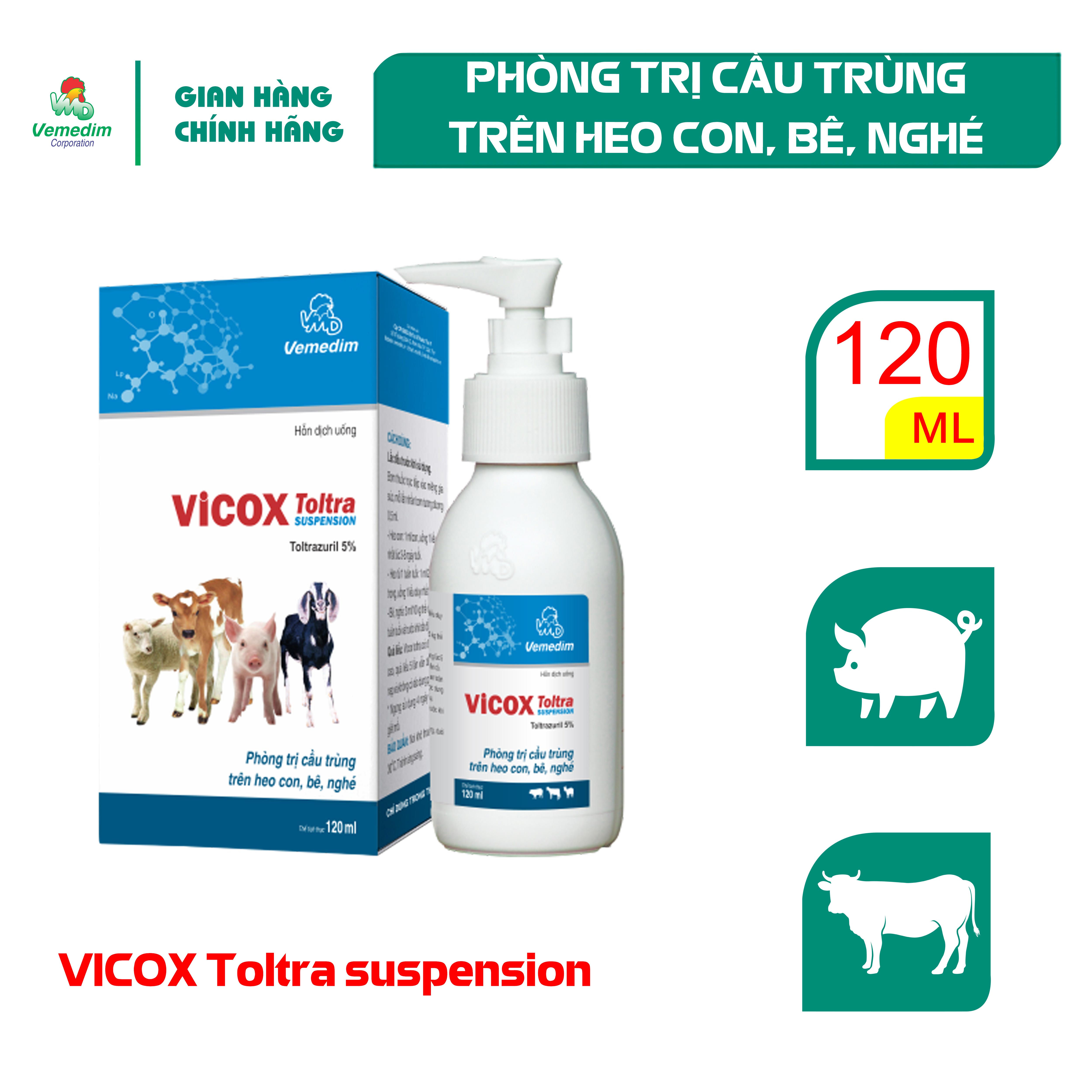 "Hoàn tiền đến 10%" Vemedim Vicox-Toltra Dùng cho heo con, bê, nghé bị tiêu chảy, chai 120ml