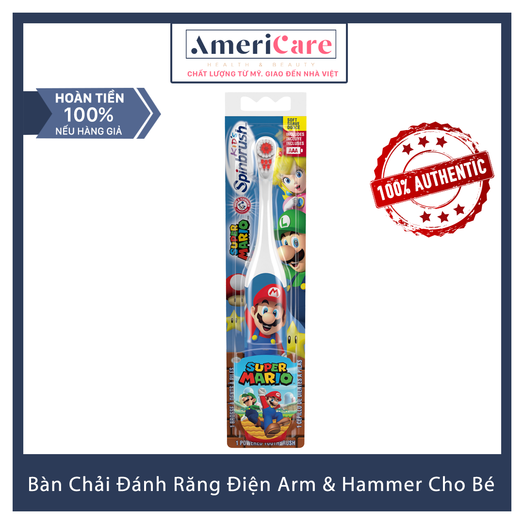 [Bill Mỹ] Bàn chải điện chạy pin AA Super Mario dành cho Bé Arm & Hammer- sạch từng kẻ răng, lông bàn chải mềm, an toàn cho bé