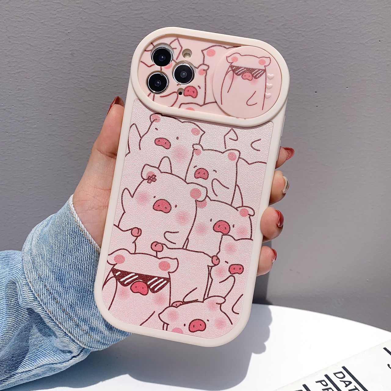 Ốp lưng da bảo vệ camera - có nắp trượt mẫu piggy