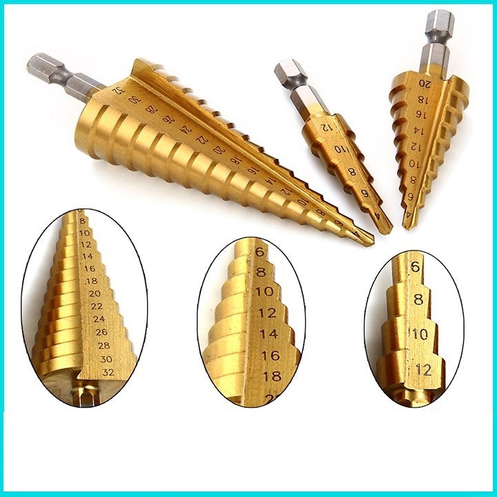 Bộ 3 Mũi Khoan Bước Tháp Titanium 4- 32mm Chân Lục Giác, Mũi Khoan Thép, Mũi Khoan Gỗ, Mũi Khoan Kim Khí, Bộ 3 Mũi Khoan Đa Năng