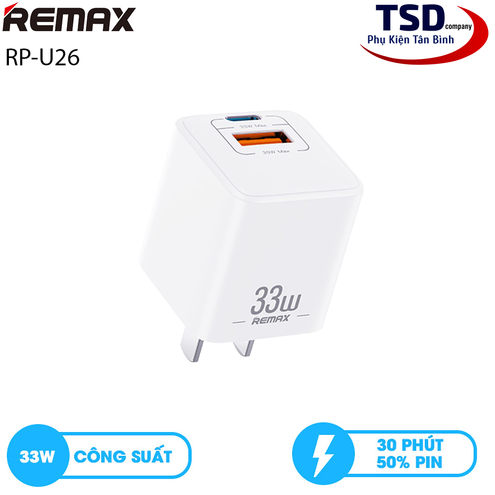 Củ sạc nhanh 33w 2 cổng remax rp-u26 chính hãng
