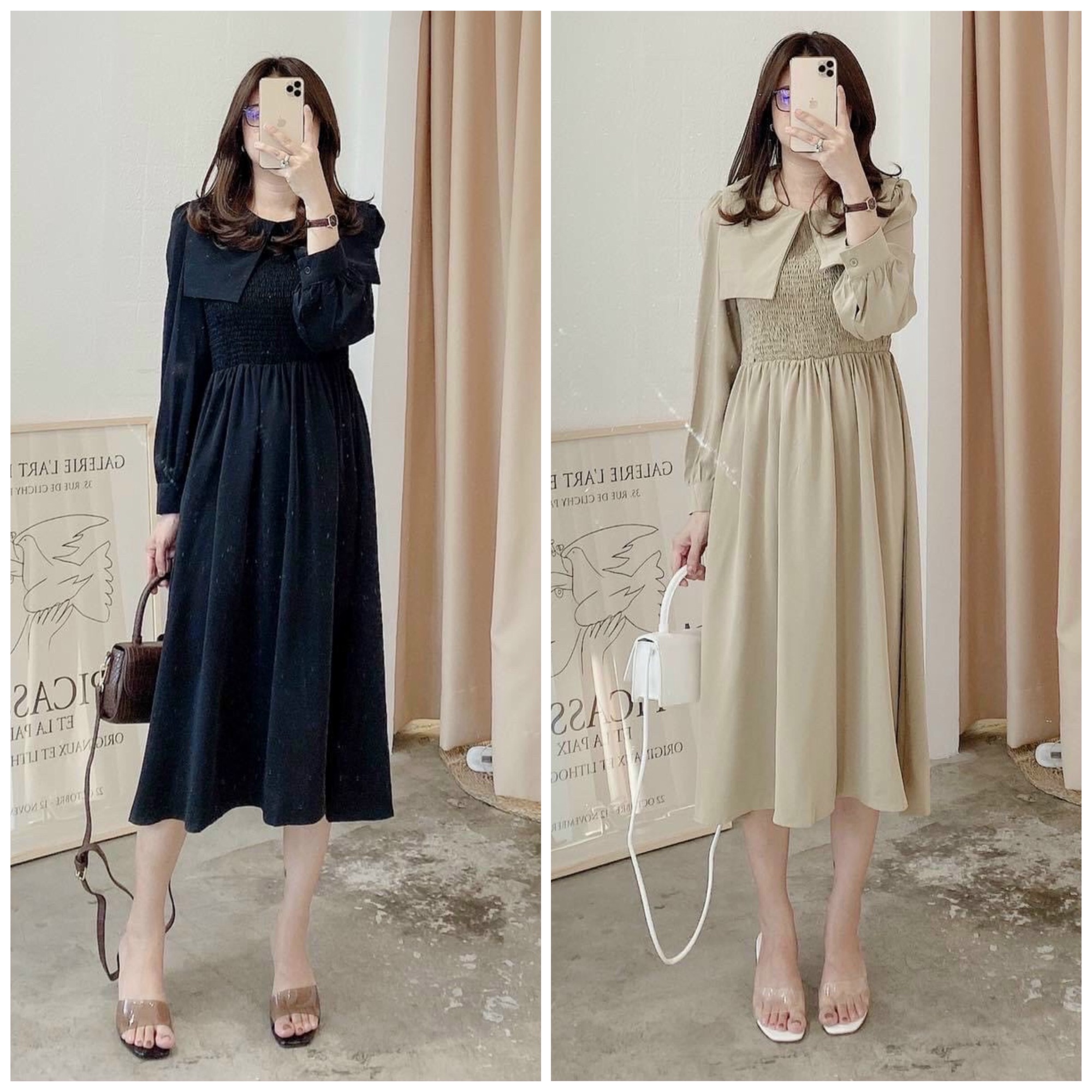 Đầm midi cổ sen vuông tay bồng