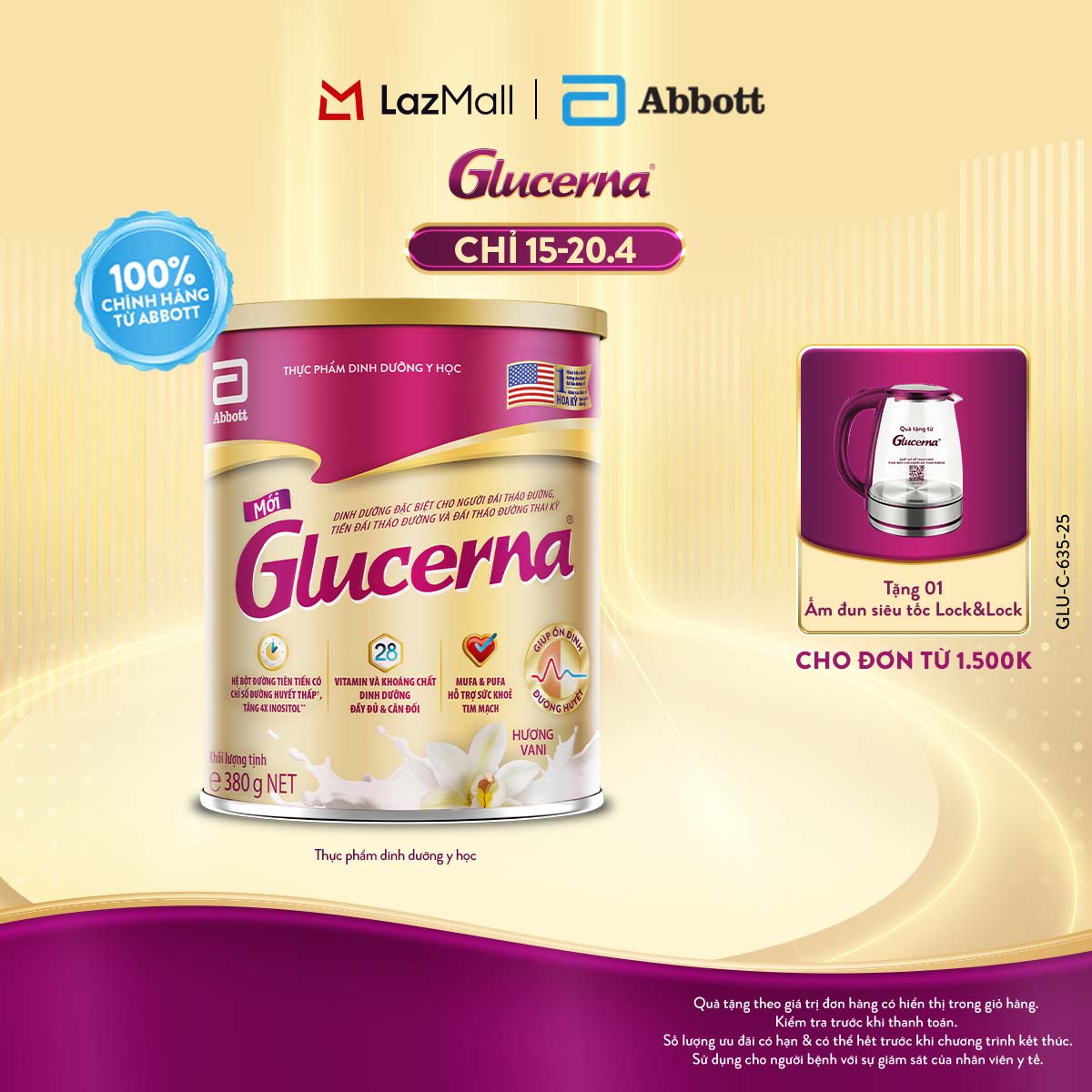 [CHỈ 15-20.04 QUÀ TẶNG CHO ĐH 1500K-SLCH] Sữa bột Glucerna hương vani 380g