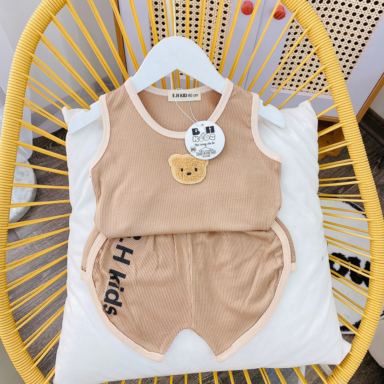 Bộ thun tăm ba lỗ samkids họa tiết gấᴜ cho bé size 7-16kg, bộ quần áo trẻ em mặc nhà