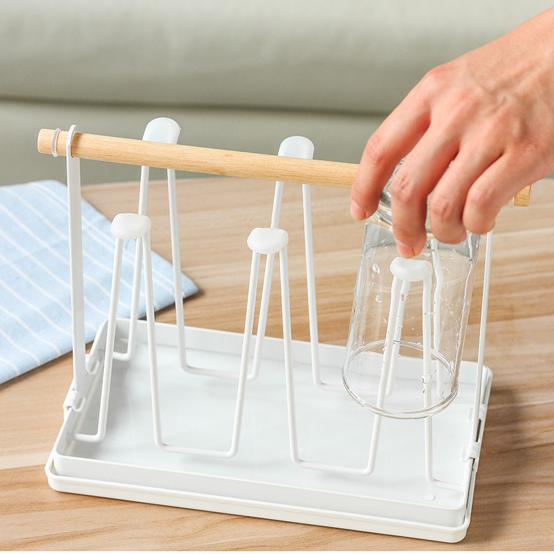 Giá úp cốc chống gỉ quai gỗ cao cấp có khay hứng nước Belledecor