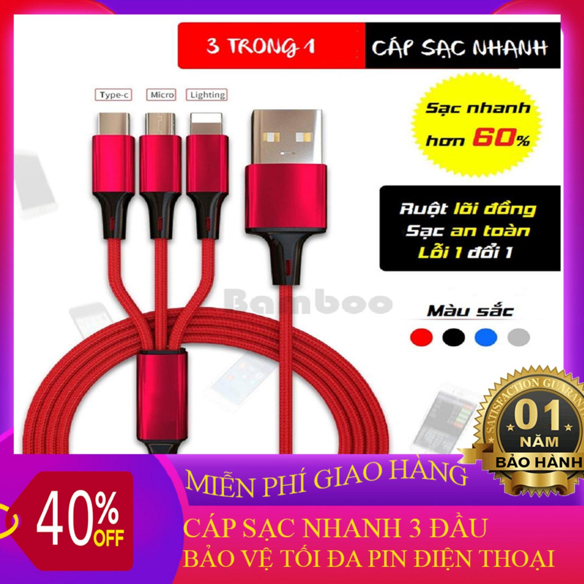 Dây sạc điện thoại, Dây cáp sạc, Bộ Dây Cáp Sạc 3 Đầu Lõi Đồng Hỗ Trợ Sạc Nhanh, Tương Thích Nhiều Thiết Bị Chân Cắm TypeC, Lingtning, Micro USB,  Dây Bọc Vải Dù Chống Đứt, Chống Rối Tốt.