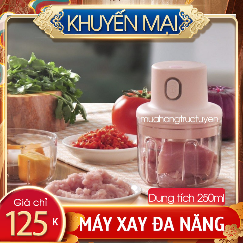 Máy xay cầm tay sạc điện 3 lưỡi dao xay thịt xay tỏi ớt rau củ gia vị xay đồ ăn dặm cho bé bằng điện- loại lớn 250ml- Có dây sạc kèm theo