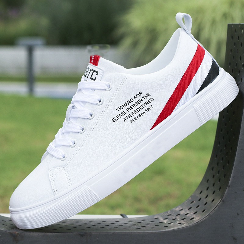 Giày bata trắng phối sọc đỏ da mềm thời trang nam