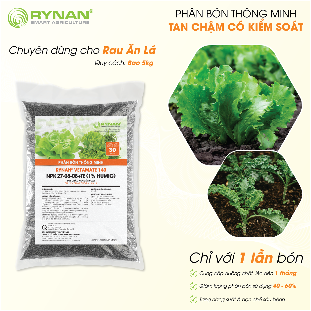 Phân bón tan chậm cho rau ăn lá rynan® vetamate 140 npk 27-08-08 + te