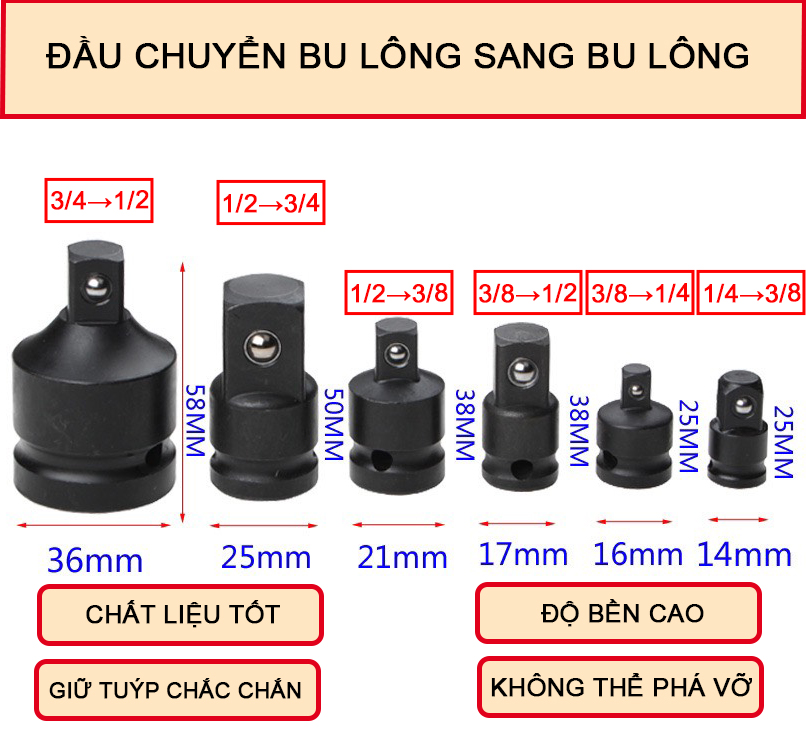 Đầu chuyển bulong sang bulong các loại 1/4, 3/8, 1/2, 3/4 bán lẻ