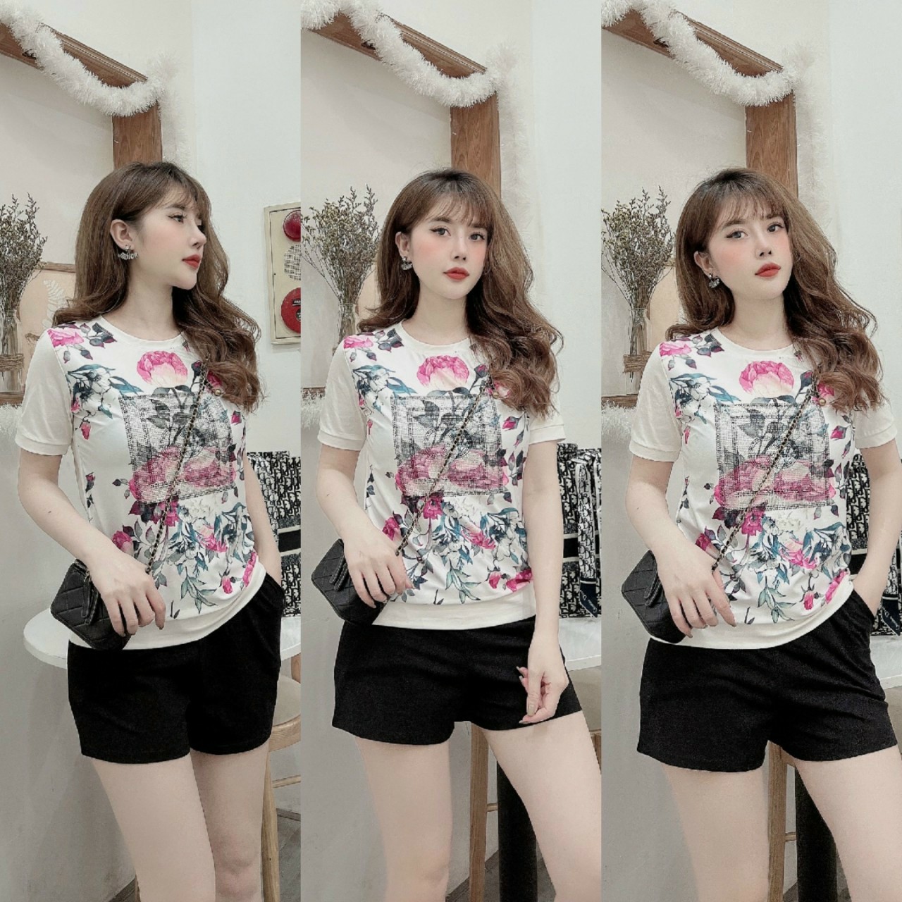 Đồ bộ thun cotton đùi đính đá in hoa 3D thời trang