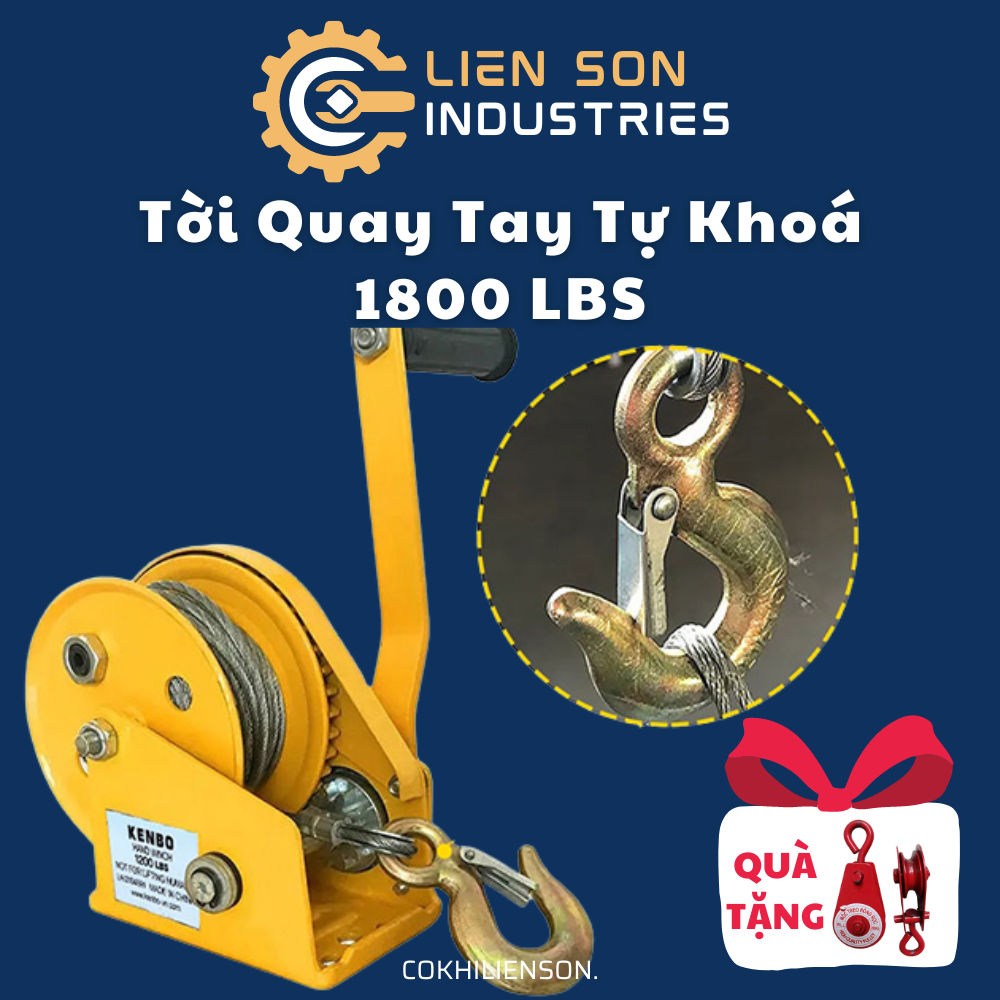 Tời quay tay 1800LBS tự khóa, tời quay tay tự hãm tải kéo 817kg, có cáp móc, cáp thép 5 ly dài 20 mét