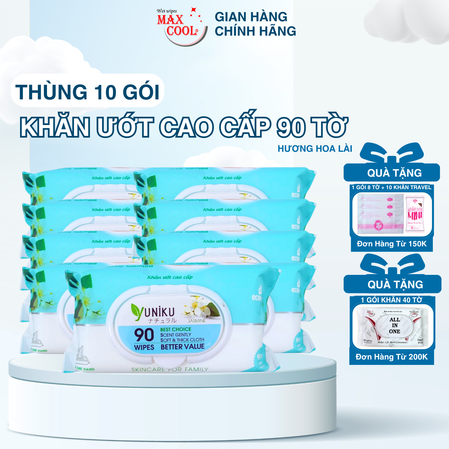 Thùng 10 gói khăn ướt cao cấp Yuniku 90 tờ, xanh ngọc hương lài - Hàng chính hãng cao cấp an toàn cho bé Giá 228,000 Đồng*Miễn phí vận chuyển