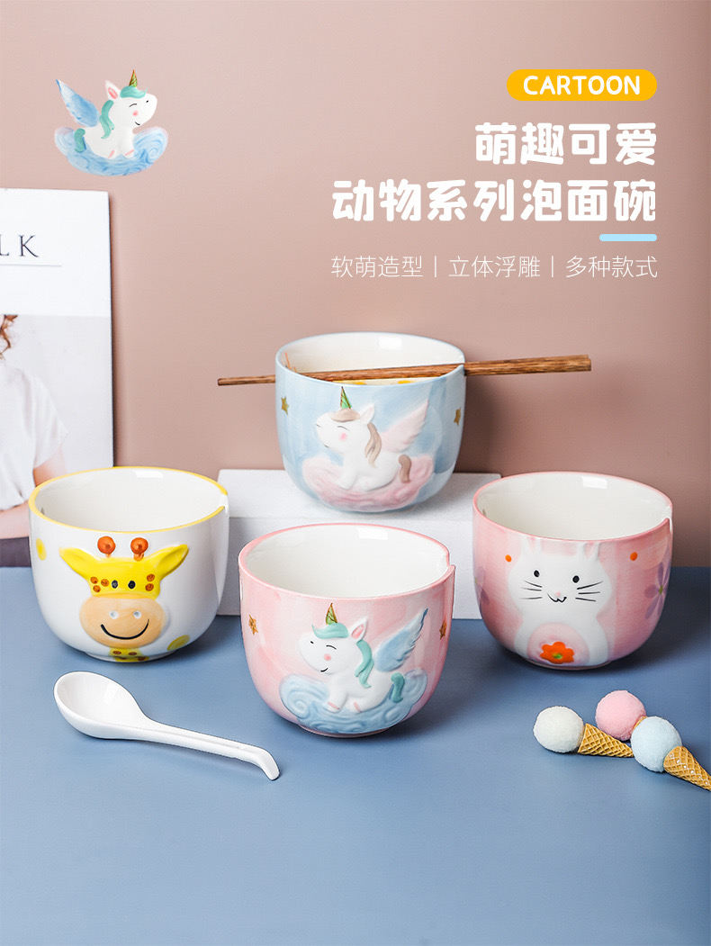 Tô sứ thỏ hồng ăn bún ăn mì có lỗ gác đũa, Tô ăn mì cute, Bát ăn mì dễ thương