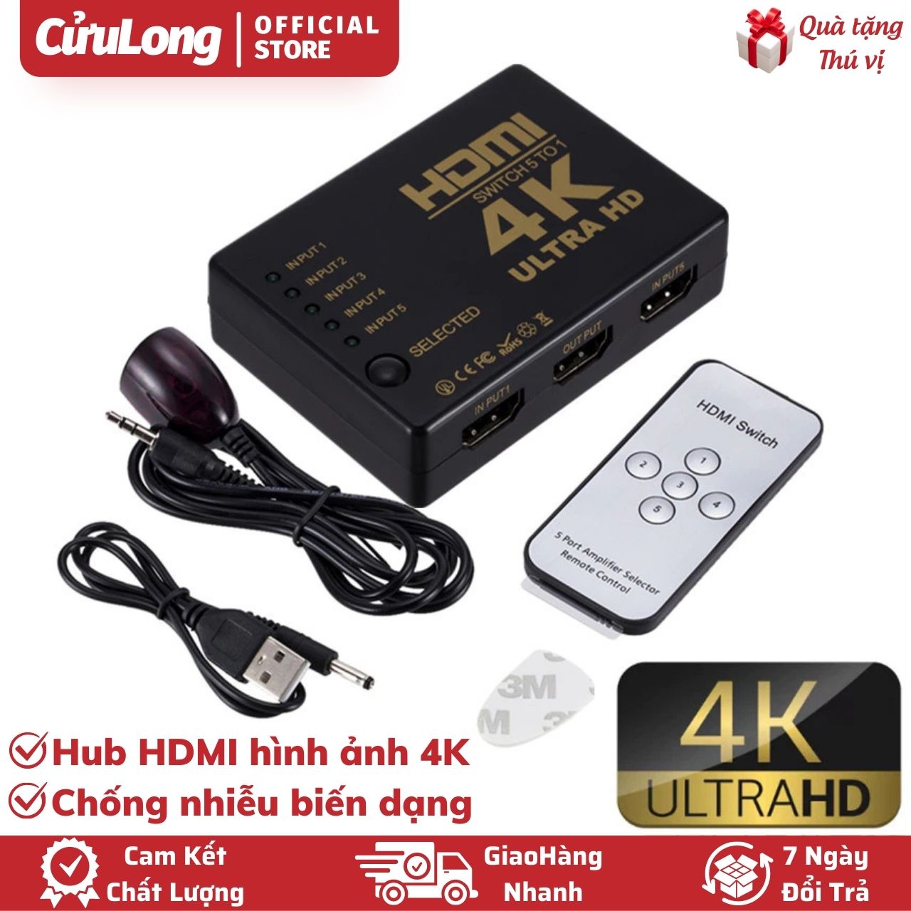 Bộ chia hdmi 5 vào 1 ra 4k cổng chia hdmi 3 vào 1 ra đầu chia chuyển đổi cáp màn hình video 3d cục chia hdmi remote điều khiển từ xa