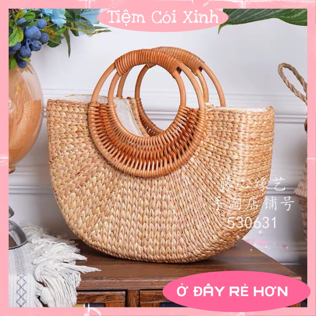 Túi xách nữ lục bình bán nguyệt quai đôi tròn mẫu trơn đơn giản tiệm cói xinh