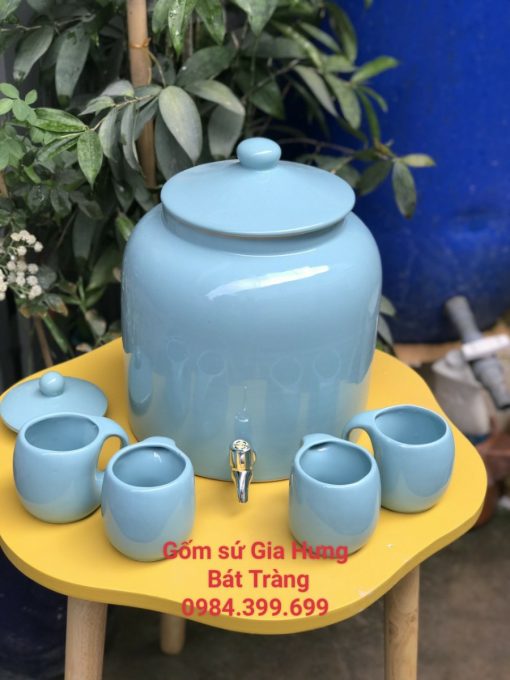 Bình đựng nước gốm sứ tráng dáng trụ men mầu xanh ngọc