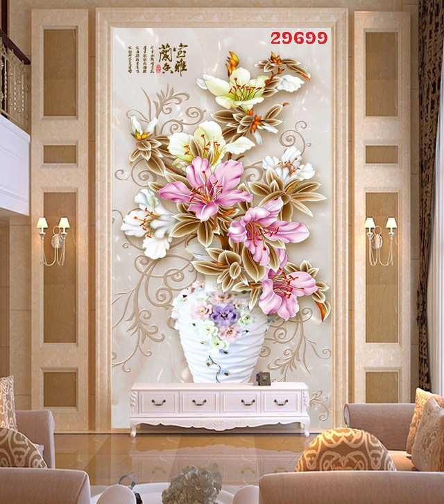 Giấy tranh dán tường bình hoa 3D trang trí phòng khách giá rẻ đẹp chất liệu decal pp keo sẵn bóc dán PA