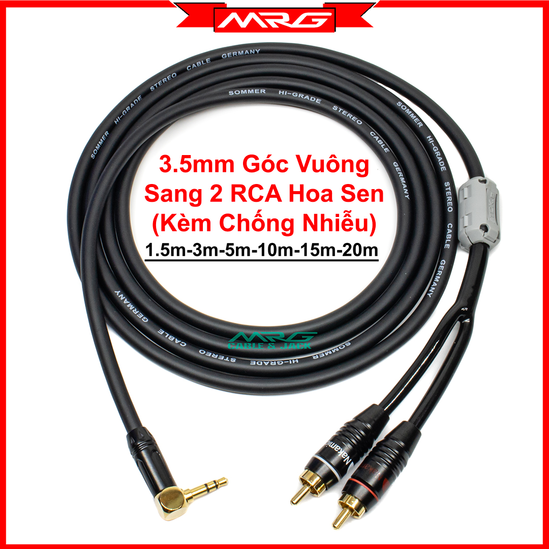 Dây Jack 3.5mm Góc Vuông Ra 2 Đầu RCA Bông Sen Chống Nhiễu, dài 1.5m-3m-5m-10m-15m-20m | dây 3.5 ra hoa sen, dây 3.5 ra rca