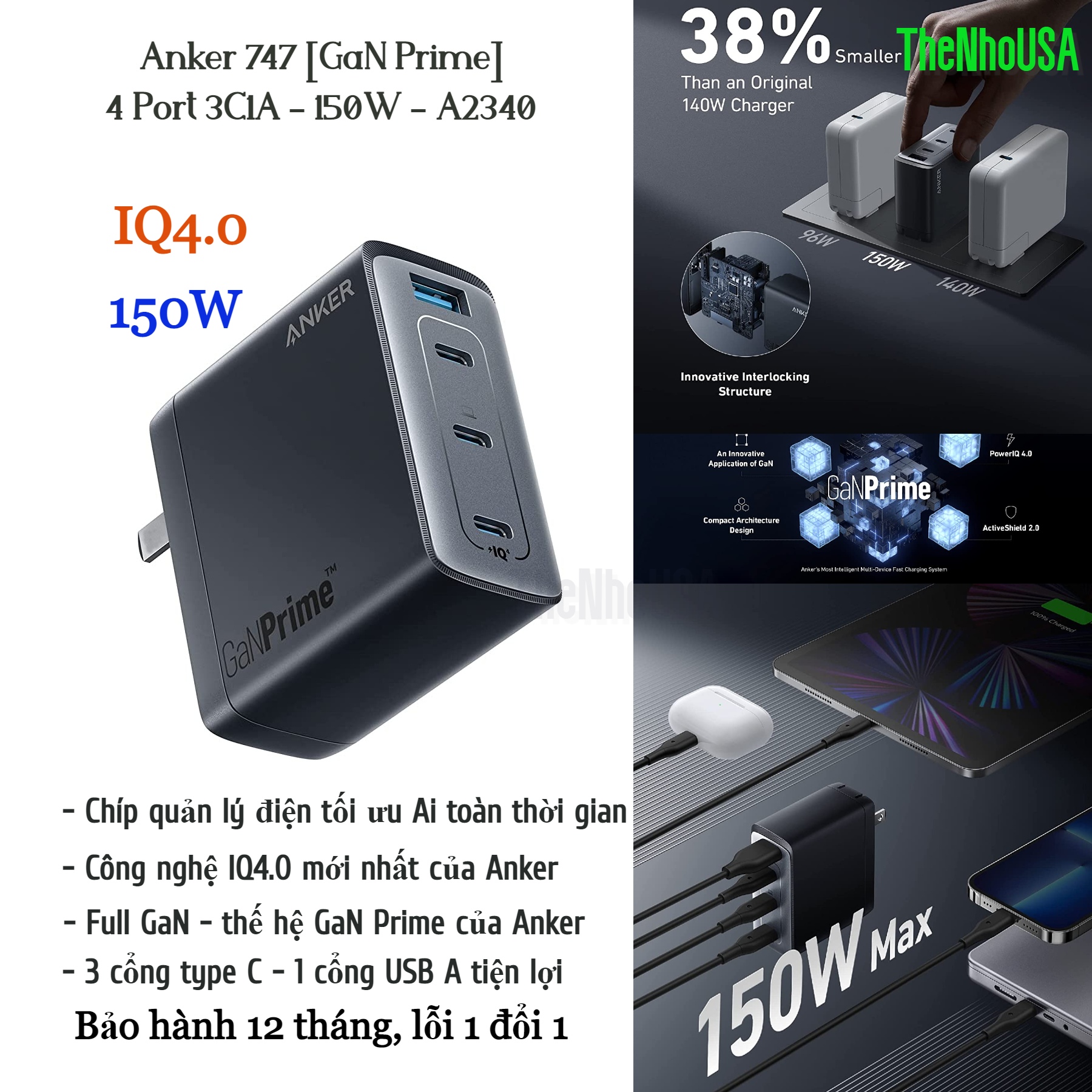 Củ sạc nhanh anker 747 charger 3c1a gan prime iq4.0 - 150w - a2340