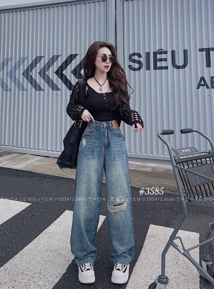Quân baggy jean nữ rách gối chất-jt