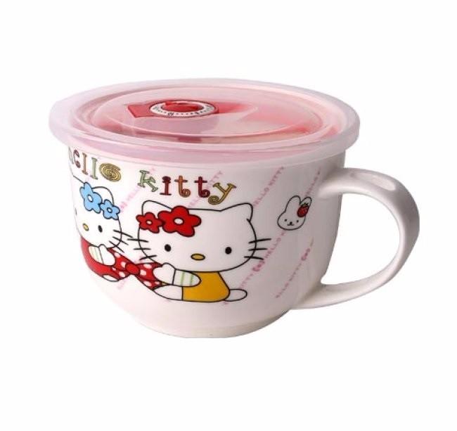 Ca ăn mì bằng sứ in hình dễ thương có nắp hút chân không