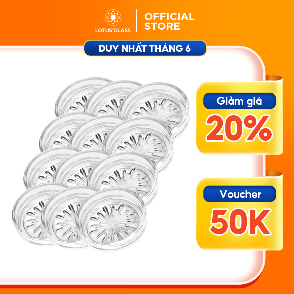 Bộ 12 đĩa thủy tinh lotus glass vtc15b trong suốt cao cấp, an toàn, dùng để kê chén, lót tách trà