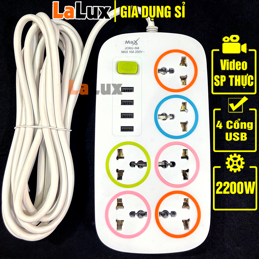 Ổ Cắm Điện Đa Năng Thông Minh Có 4 Cổng Sạc USB Chịu Tải 2200W - Ổ Điện, Ổ Cắm Điện Đa Năng, Ổ Cắm Điện Thông Minh - Gia Dụng Sỉ LALUX