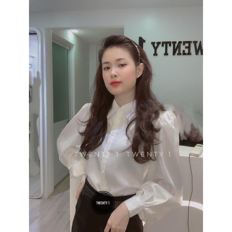 Áo sơ mi trắng nữ lụa bóng 🦋 áo sơmi công sở cổ bẻ tay bồng dài tay 🦋