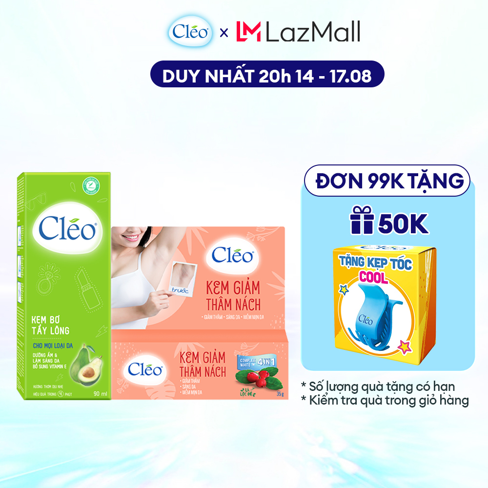 Combo tẩy lông chân tay Cléo dạng sữa chiết xuất bơ 90ml và kem giảm thâm, sáng da Cléo chiết xuất lá lộc đề 35g